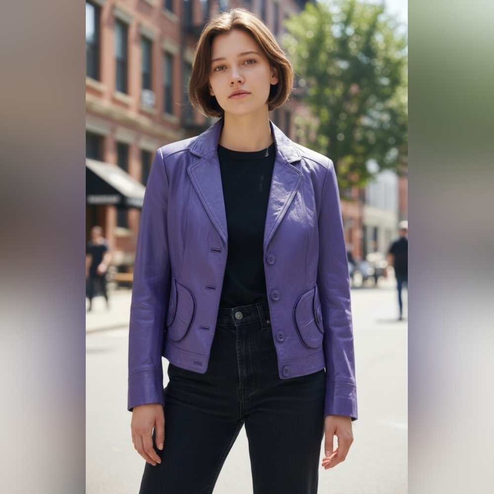 Purple 100% lambskin jacket CACHE LUXE, extremely soft, size M - Picture 16 of 16